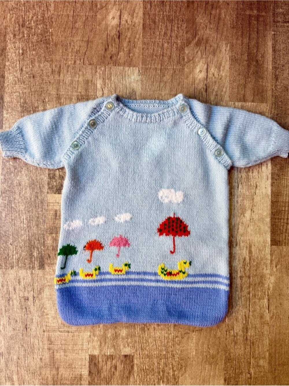 Vintage Hand Knit Baby Light Blue Sleep Sack Ducks & Umbrellas Button Shoulder